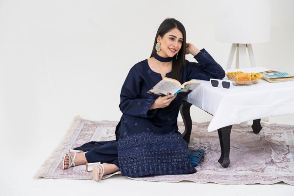 2PC LAWN EMBROIDERED SUIT BY CHICKENKARI - C-BLUE - Image 5