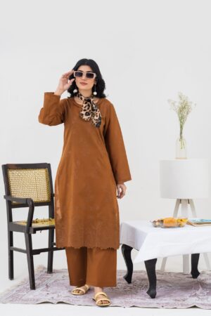 2PC LAWN EMBROIDERED SUIT BY CHICKENKARI - C-BROWN