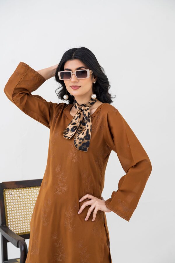 2PC LAWN EMBROIDERED SUIT BY CHICKENKARI - C-BROWN - Image 3