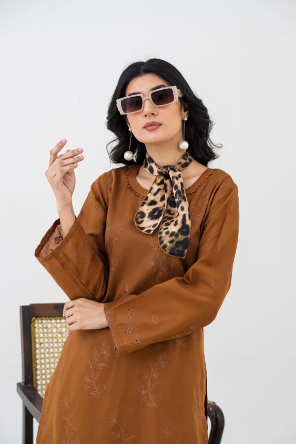 2PC LAWN EMBROIDERED SUIT BY CHICKENKARI - C-BROWN - Image 4