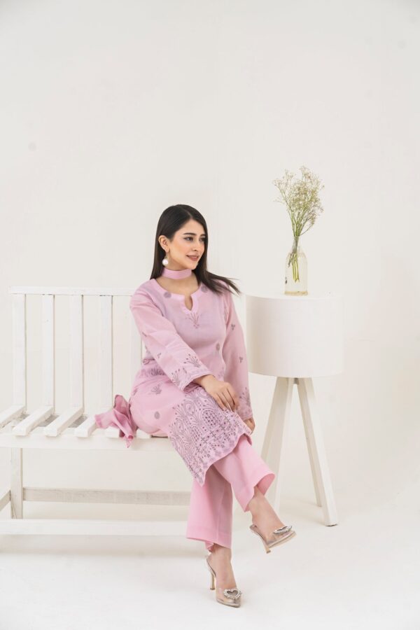 2PC LAWN EMBROIDERED SUIT BY CHICKENKARI - C-PINK - Image 3