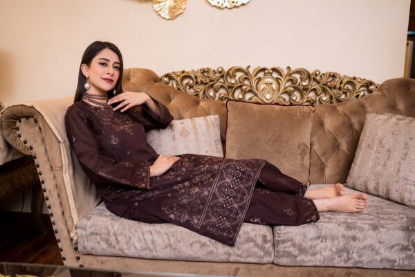2PC LAWN EMBROIDERED SUIT BY ORNATE- N-BROWN - Image 4
