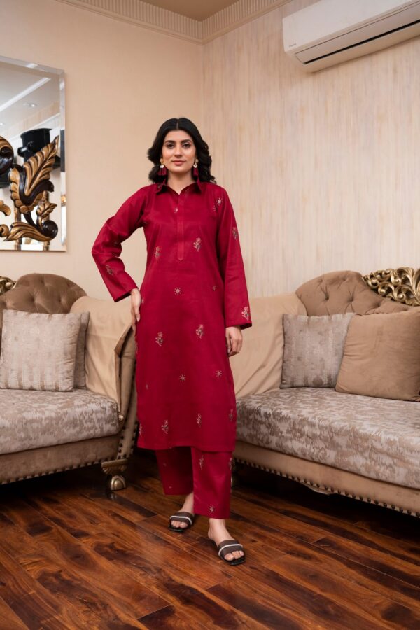 2PC LAWN EMBROIDERED UNSTICH SUIT BY PETAL- A-MEHROON