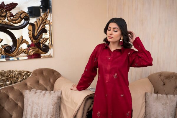 2PC LAWN EMBROIDERED UNSTICH SUIT BY PETAL- A-MEHROON - Image 4