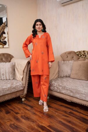 2PC LAWN EMBROIDERED UNSTICH SUIT BY PETAL - A-ORANGE