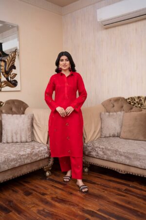 2PC LAWN EMBROIDERED UNSTICH SUIT BY PETAL - A-RED