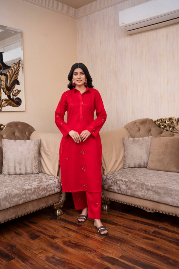 2PC LAWN EMBROIDERED UNSTICH SUIT BY PETAL - A-RED