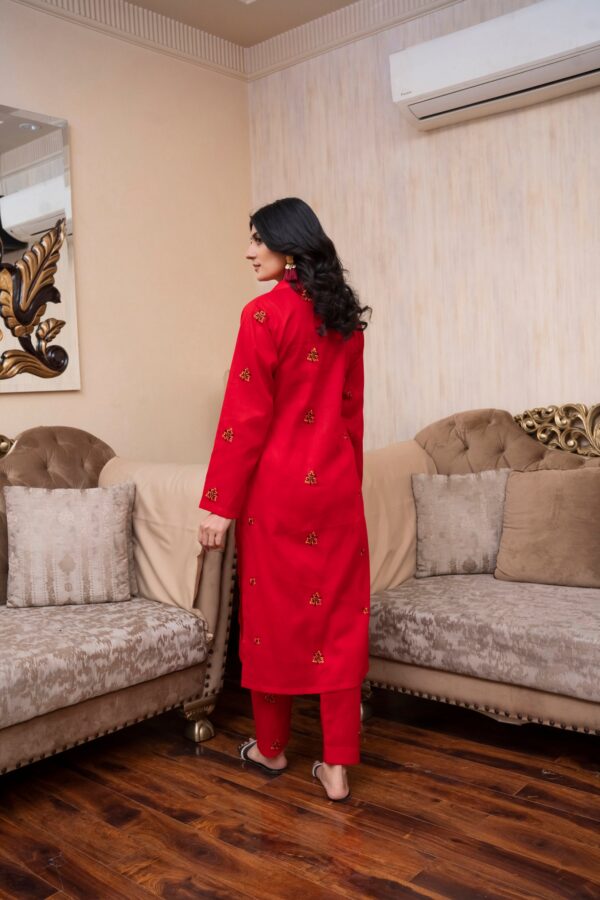 2PC LAWN EMBROIDERED UNSTICH SUIT BY PETAL - A-RED - Image 2
