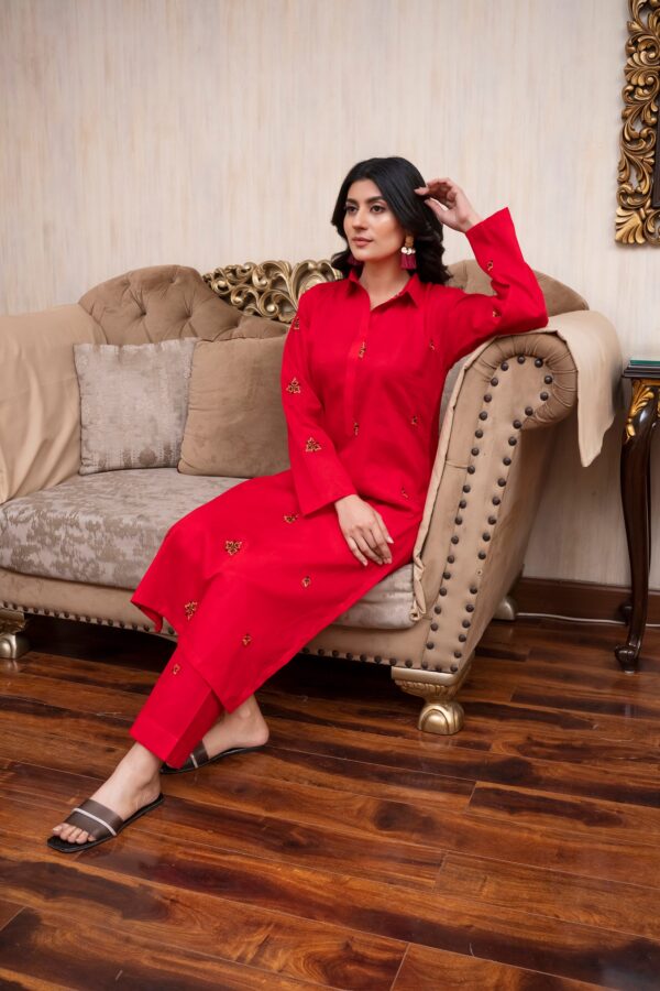 2PC LAWN EMBROIDERED UNSTICH SUIT BY PETAL - A-RED - Image 3