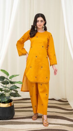 2PC LAWN EMBROIDERED UNSTICH SUIT BY PETAL - A-MUSTARD