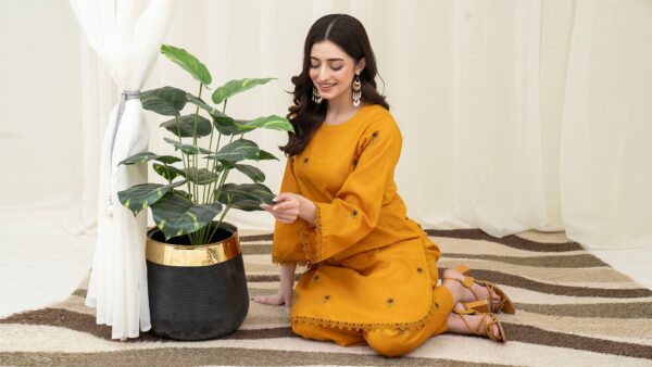 2PC LAWN EMBROIDERED UNSTICH SUIT BY PETAL - A-MUSTARD - Image 5