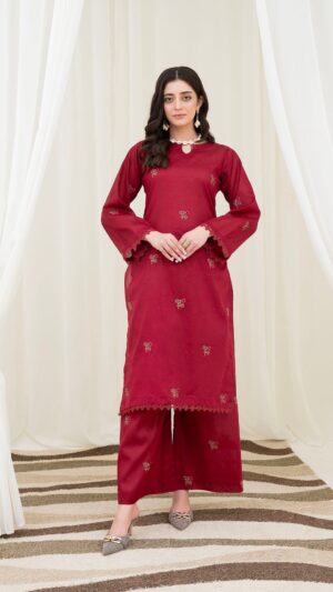 2PC LAWN EMBROIDERED UNSTICH SUIT BY PETAL- A-MEHROON2