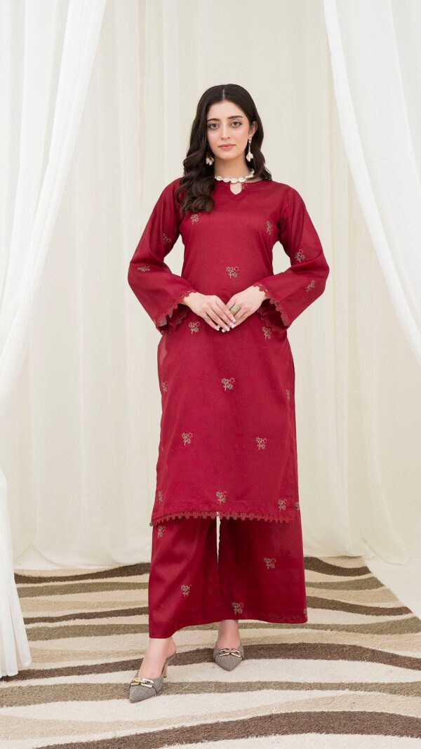 2PC LAWN EMBROIDERED UNSTICH SUIT BY PETAL- A-MEHROON2