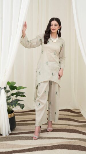 2PC LAWN EMBROIDERED UNSTICH SUIT BY PETAL- A-PISTACHO