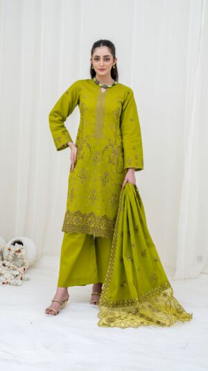 3PC LAWN EMBROIDERED SUIT WITH VOILE EMBROIDERED DUPATTA BY NAZAKAT