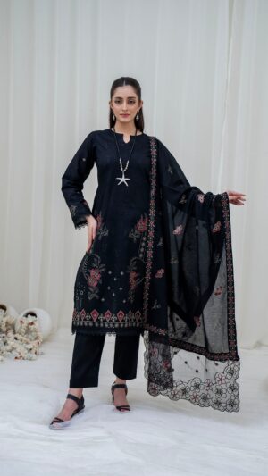 3PC LAWN EMBROIDERED SUIT WITH VOILE EMBROIDERED DUPATTA BY NAZAKAT