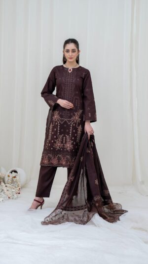 3PC LAWN EMBROIDERED SUIT WITH VOILE EMBROIDERED DUPATTA BY NAZAKAT