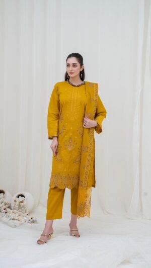 3PC LAWN EMBROIDERED SUIT WITH VOILE EMBROIDERED DUPATTA BY NAZAKAT