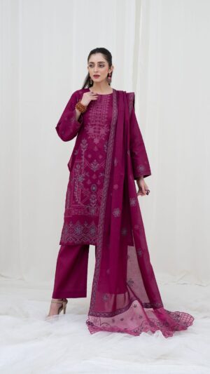 3PC LAWN EMBROIDERED SUIT WITH VOILE EMBROIDERED DUPATTA BY NAZAKAT