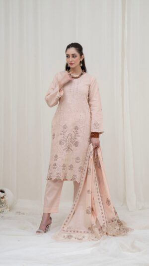 3PC LAWN EMBROIDERED SUIT WITH VOILE EMBROIDERED DUPATTA BY NAZAKAT