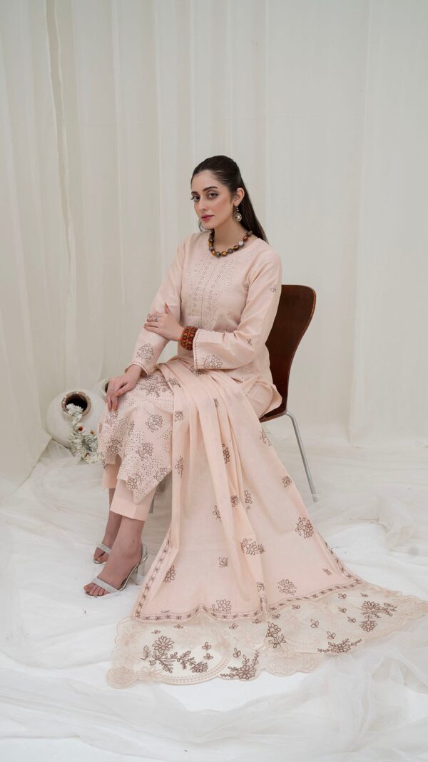 3PC LAWN EMBROIDERED SUIT WITH VOILE EMBROIDERED DUPATTA BY NAZAKAT - Image 2